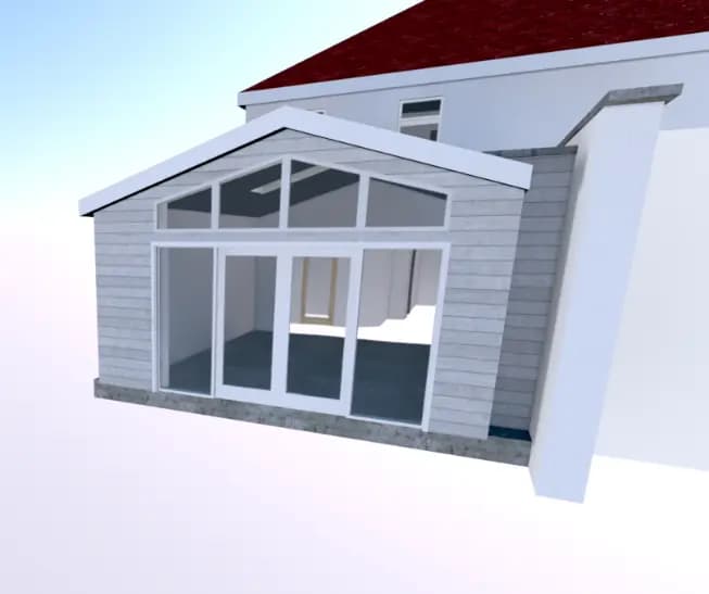 3D render of a glazed rear extension with gable windows and sliding doors