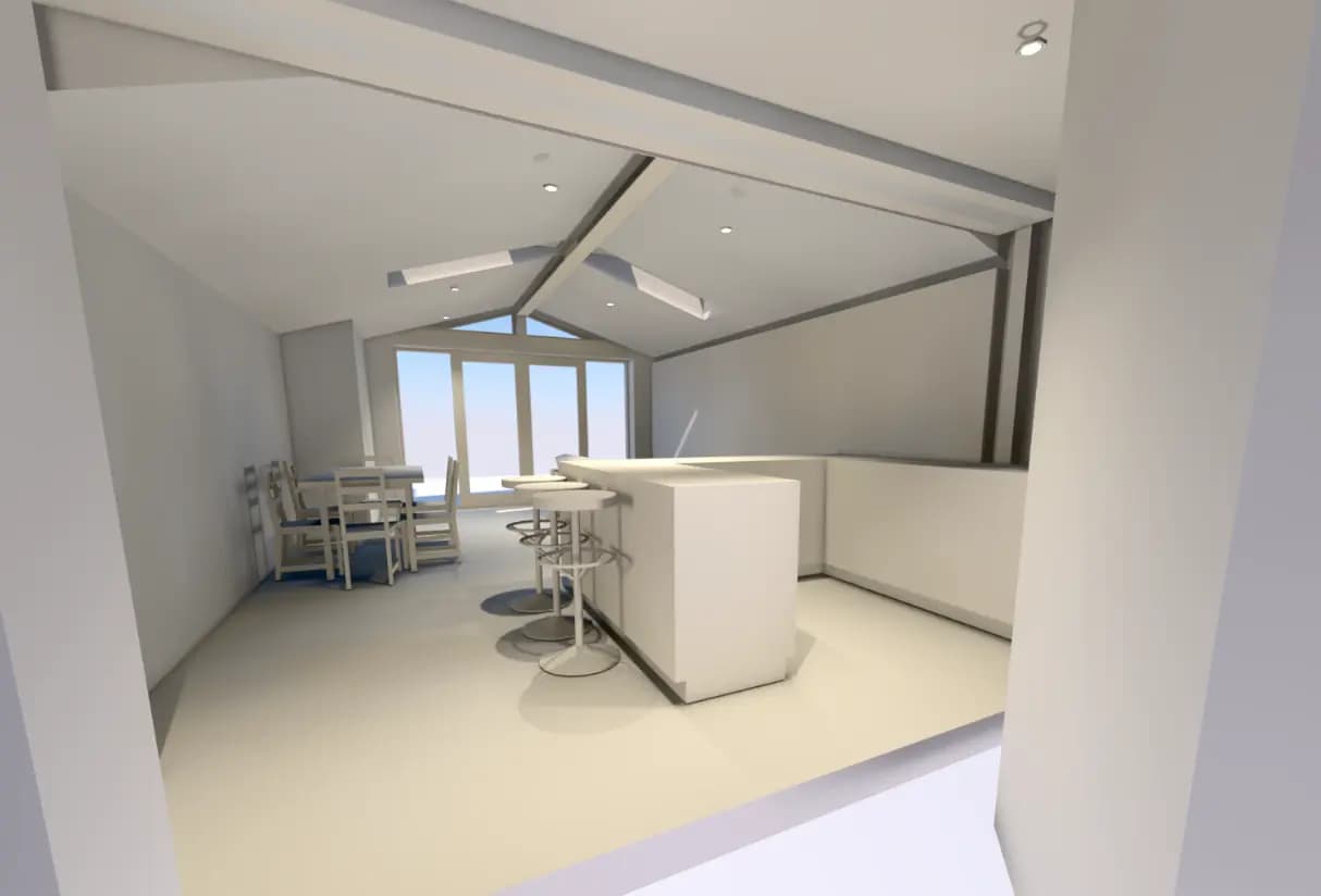 Interior render of an open-plan loft kitchen and dining space