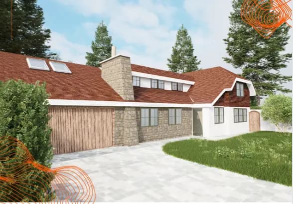 Architectural render of a house with stone, timber garage door and red tiled roof