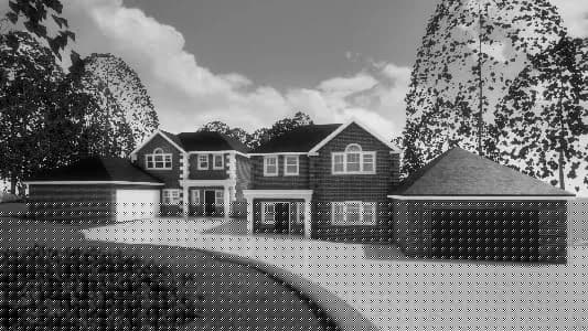 Architectural render of a large detached house with driveway and garages