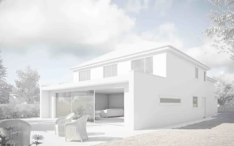 Architectural render of a modern white house extension with patio doors